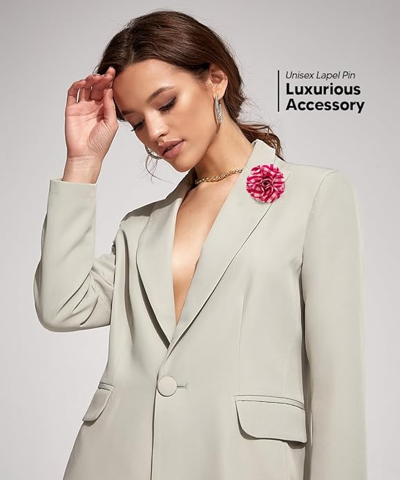Vittorio Vico Unisex Metallic Silver Accent Plaid Flower Lapel Pin - Hot Pink with Silver - Flower Lapel Pin - Vittorio Vico