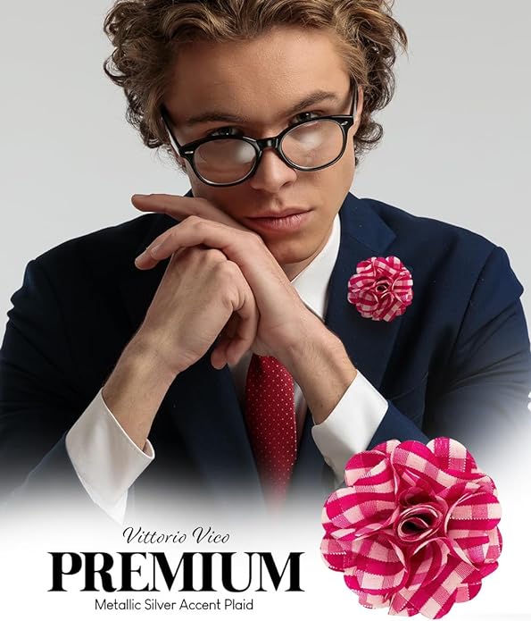 Vittorio Vico Unisex Metallic Silver Accent Plaid Flower Lapel Pin - Hot Pink with Silver - Flower Lapel Pin - Vittorio Vico