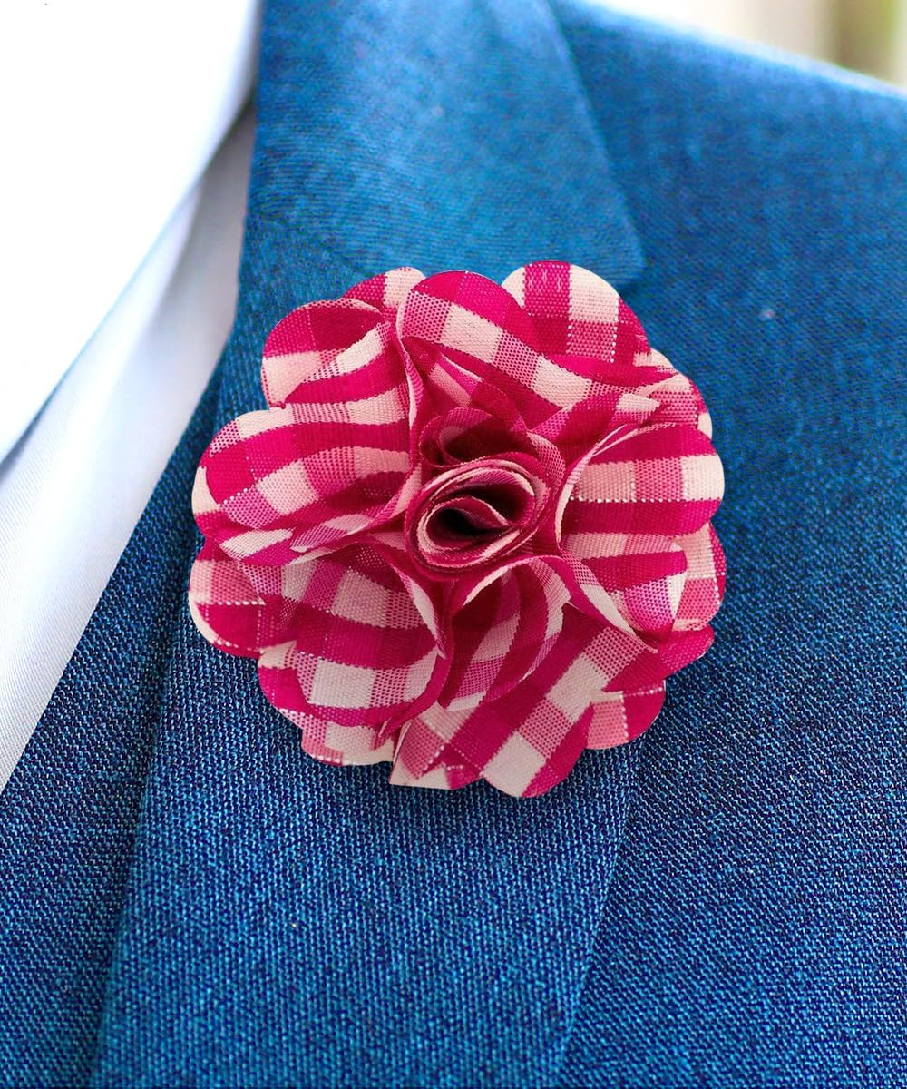Vittorio Vico Unisex Metallic Silver Accent Plaid Flower Lapel Pin - Hot Pink with Silver - Flower Lapel Pin - Vittorio Vico