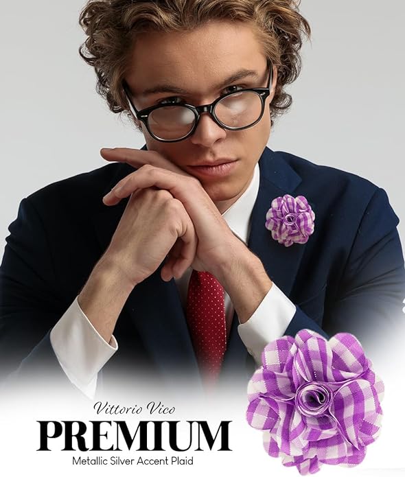 Vittorio Vico Unisex Metallic Silver Accent Plaid Flower Lapel Pin - Lavender with Silver - Flower Lapel Pin - Vittorio Vico