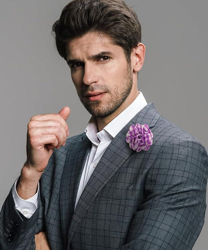 Vittorio Vico Unisex Metallic Silver Accent Plaid Flower Lapel Pin - Lavender with Silver - Flower Lapel Pin - Vittorio Vico