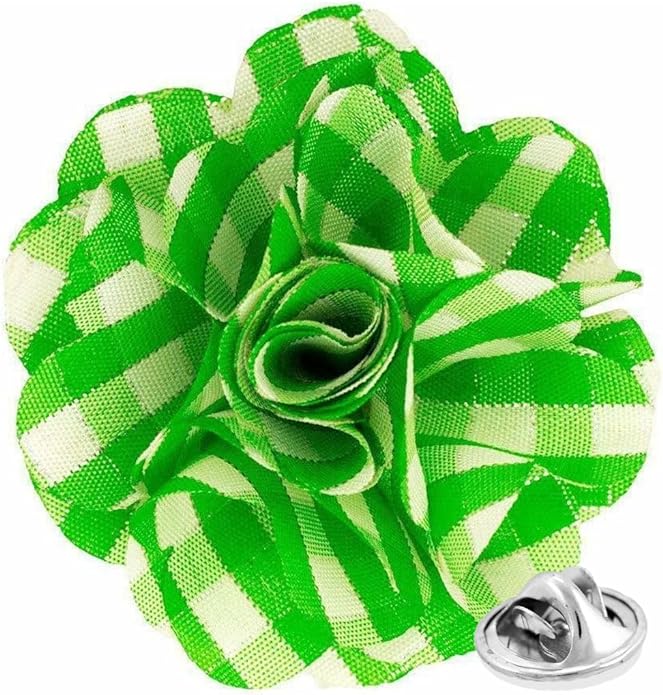 Vittorio Vico Unisex Metallic Silver Accent Plaid Flower Lapel Pin - Lime Green with Silver - Flower Lapel Pin - Vittorio Vico