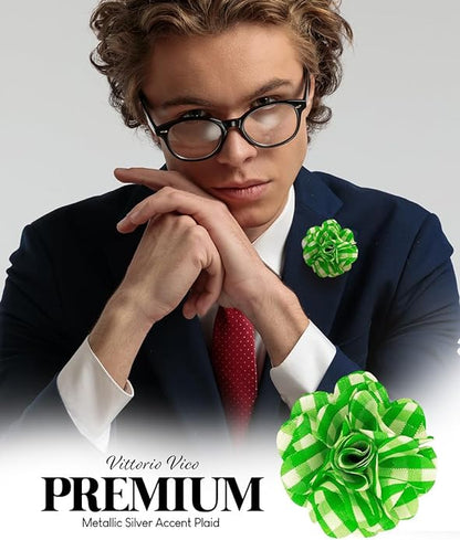 Vittorio Vico Unisex Metallic Silver Accent Plaid Flower Lapel Pin - Lime Green with Silver - Flower Lapel Pin - Vittorio Vico