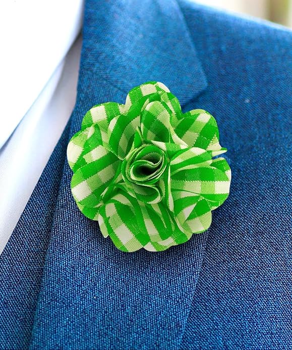 Vittorio Vico Unisex Metallic Silver Accent Plaid Flower Lapel Pin - Lime Green with Silver - Flower Lapel Pin - Vittorio Vico