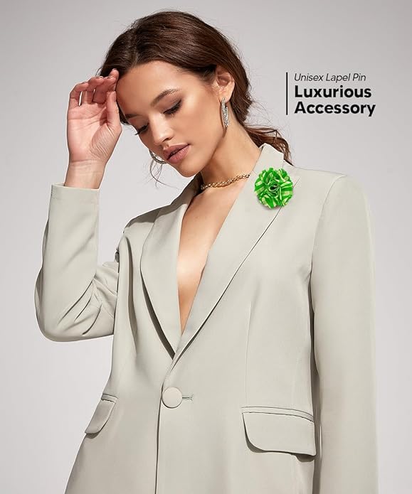 Vittorio Vico Unisex Metallic Silver Accent Plaid Flower Lapel Pin - Lime Green with Silver - Flower Lapel Pin - Vittorio Vico
