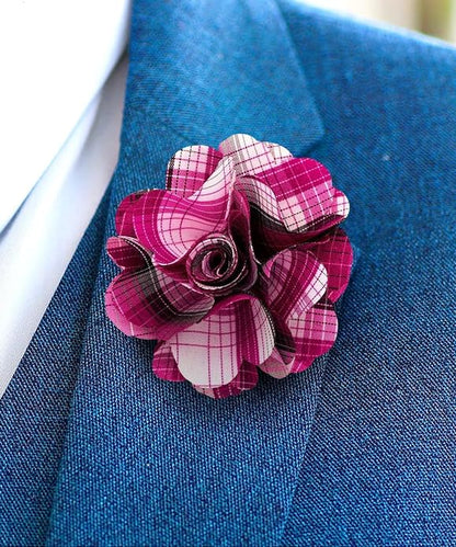 Vittorio Vico Unisex Metallic Silver Accent Plaid Flower Lapel Pin - Magenta - Flower Lapel Pin - Vittorio Vico