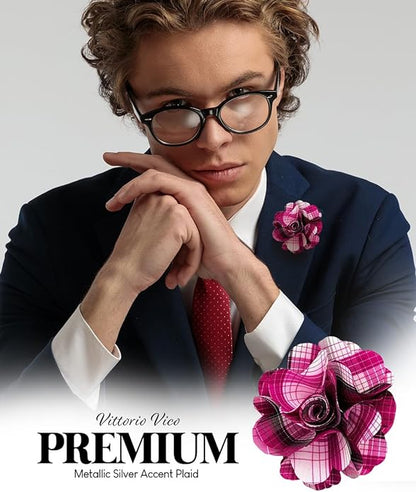 Vittorio Vico Unisex Metallic Silver Accent Plaid Flower Lapel Pin - Magenta - Flower Lapel Pin - Vittorio Vico
