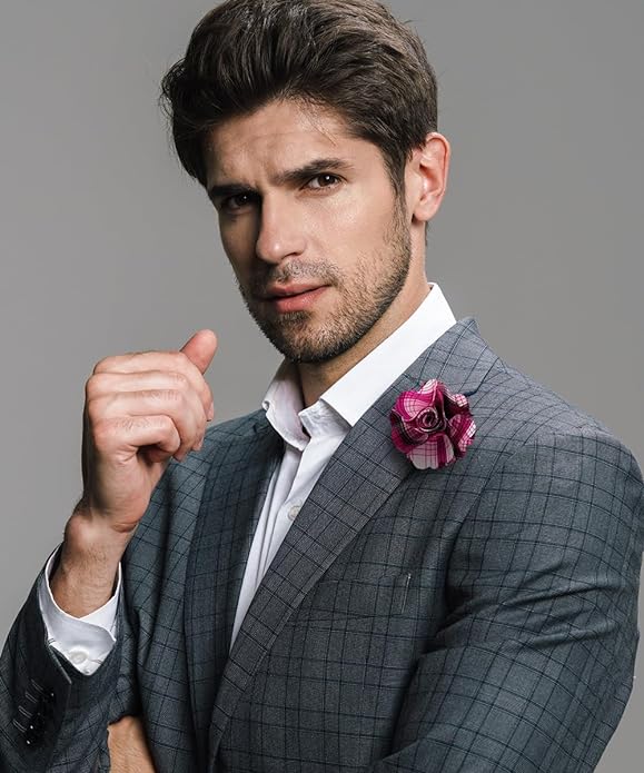 Vittorio Vico Unisex Metallic Silver Accent Plaid Flower Lapel Pin - Magenta - Flower Lapel Pin - Vittorio Vico