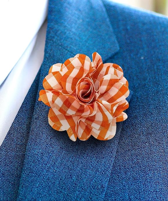 Vittorio Vico Unisex Metallic Silver Accent Plaid Flower Lapel Pin - Orange with Silver - Flower Lapel Pin - Vittorio Vico