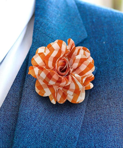 Vittorio Vico Unisex Metallic Silver Accent Plaid Flower Lapel Pin - Orange with Silver - Flower Lapel Pin - Vittorio Vico