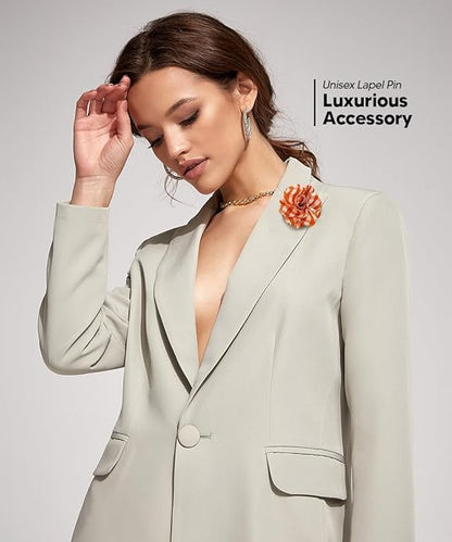 Vittorio Vico Unisex Metallic Silver Accent Plaid Flower Lapel Pin - Orange with Silver - Flower Lapel Pin - Vittorio Vico