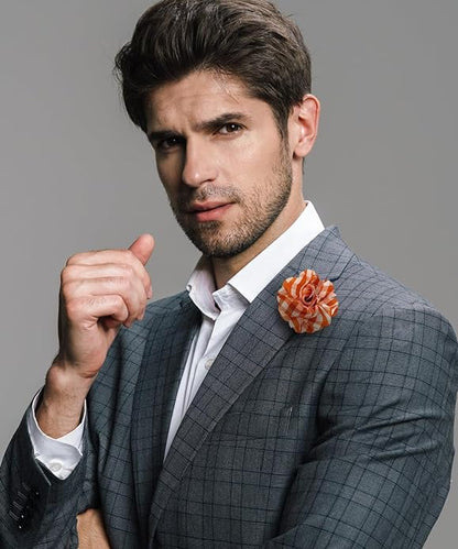 Vittorio Vico Unisex Metallic Silver Accent Plaid Flower Lapel Pin - Orange with Silver - Flower Lapel Pin - Vittorio Vico