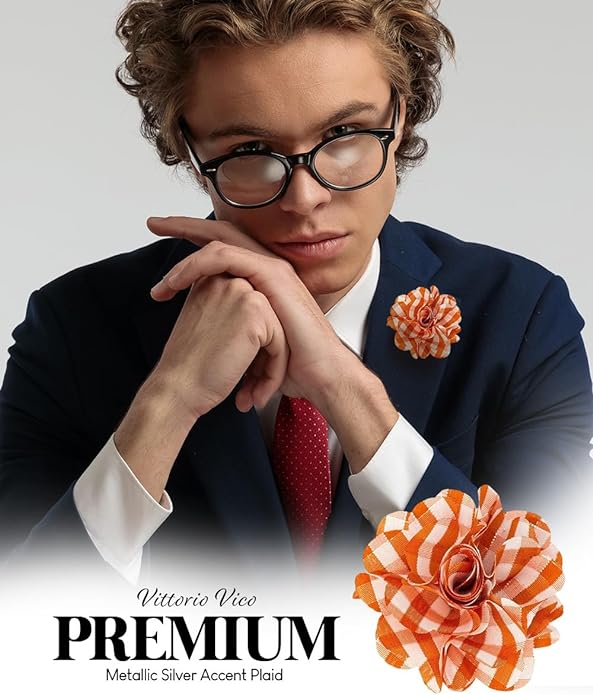 Vittorio Vico Unisex Metallic Silver Accent Plaid Flower Lapel Pin - Orange with Silver - Flower Lapel Pin - Vittorio Vico