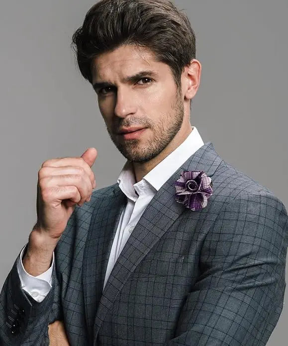 Vittorio Vico Unisex Metallic Silver Accent Plaid Flower Lapel Pin - Purple - Flower Lapel Pin - Vittorio Vico
