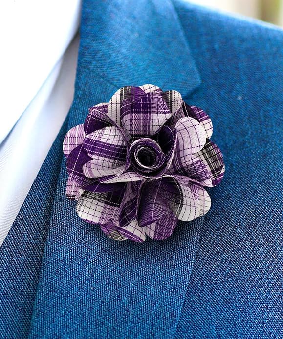 Vittorio Vico Unisex Metallic Silver Accent Plaid Flower Lapel Pin - Orange with Silver - Flower Lapel Pin - Vittorio Vico