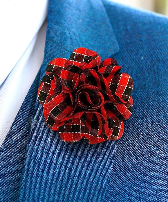 Vittorio Vico Unisex Metallic Silver Accent Plaid Flower Lapel Pin - Red and Black with Silver - Flower Lapel Pin - Vittorio Vico