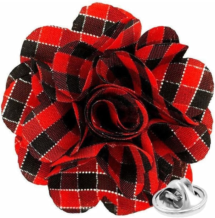 Vittorio Vico Unisex Metallic Silver Accent Plaid Flower Lapel Pin - Red and Black with Silver - Flower Lapel Pin - Vittorio Vico