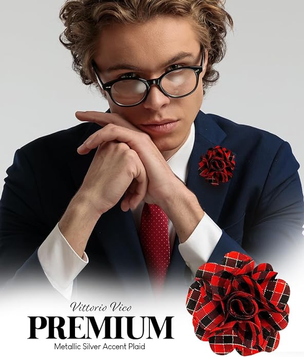 Vittorio Vico Unisex Metallic Silver Accent Plaid Flower Lapel Pin - Red and Black with Silver - Flower Lapel Pin - Vittorio Vico
