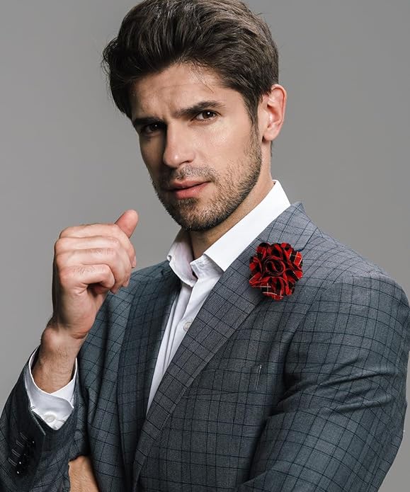 Vittorio Vico Unisex Metallic Silver Accent Plaid Flower Lapel Pin - Red and Black with Silver - Flower Lapel Pin - Vittorio Vico