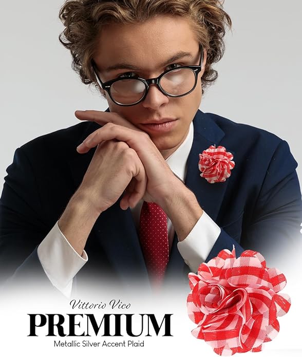 Vittorio Vico Unisex Metallic Silver Accent Plaid Flower Lapel Pin - Red and White with Silver - Flower Lapel Pin - Vittorio Vico