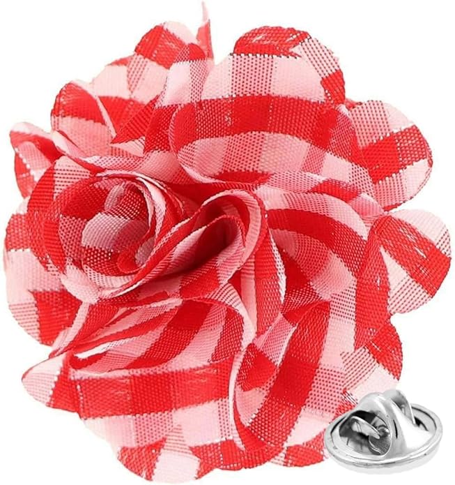 Vittorio Vico Unisex Metallic Silver Accent Plaid Flower Lapel Pin - Red and White with Silver - Flower Lapel Pin - Vittorio Vico