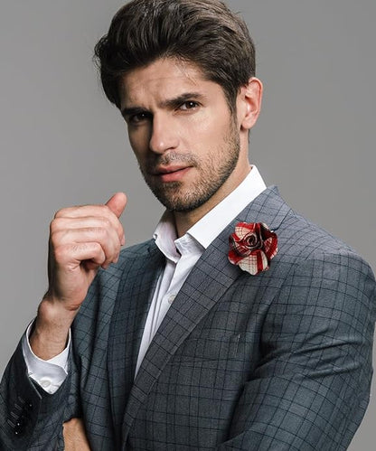 Vittorio Vico Unisex Metallic Silver Accent Plaid Flower Lapel Pin - Red - Flower Lapel Pin - Vittorio Vico