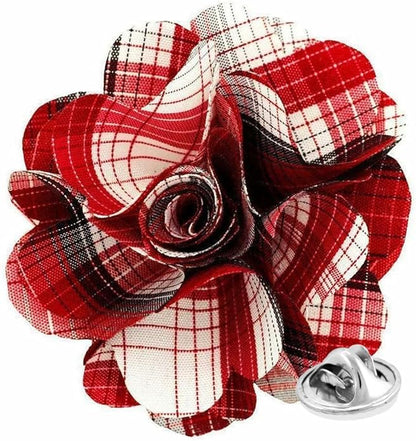 Vittorio Vico Unisex Metallic Silver Accent Plaid Flower Lapel Pin - Red - Flower Lapel Pin - Vittorio Vico