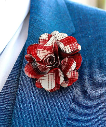Vittorio Vico Unisex Metallic Silver Accent Plaid Flower Lapel Pin - Red - Flower Lapel Pin - Vittorio Vico
