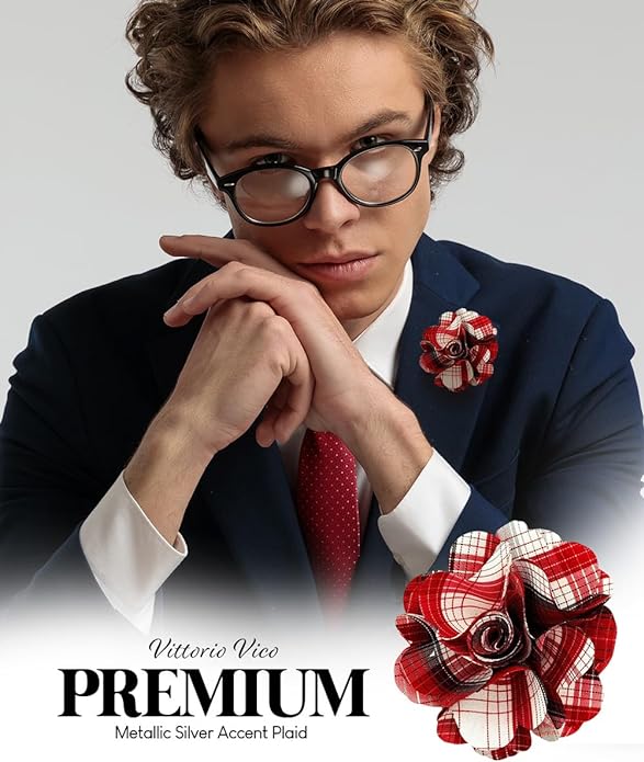 Vittorio Vico Unisex Metallic Silver Accent Plaid Flower Lapel Pin - Red - Flower Lapel Pin - Vittorio Vico