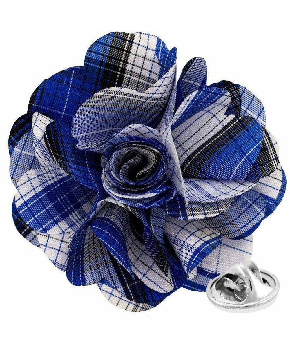 Vittorio Vico Unisex Metallic Silver Accent Plaid Flower Lapel Pin - Royal Blue - Flower Lapel Pin - Vittorio Vico