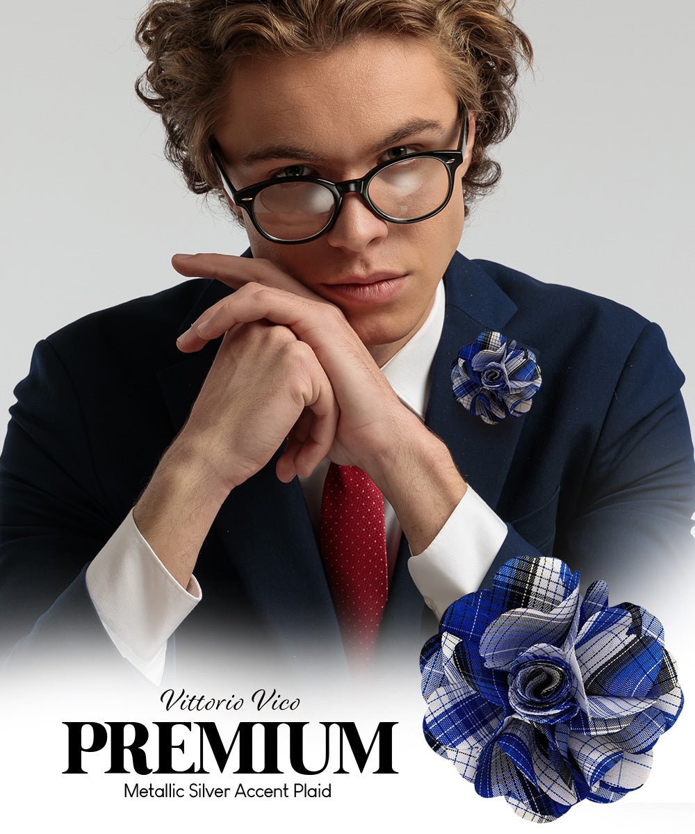 Vittorio Vico Unisex Metallic Silver Accent Plaid Flower Lapel Pin - Royal Blue - Flower Lapel Pin - Vittorio Vico