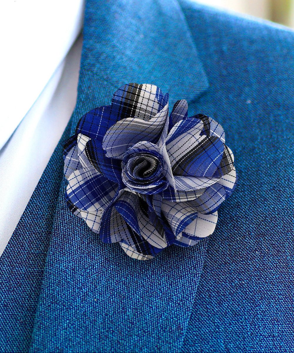 Vittorio Vico Unisex Metallic Silver Accent Plaid Flower Lapel Pin - Royal Blue - Flower Lapel Pin - Vittorio Vico
