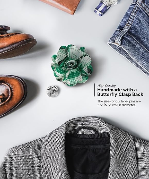 Vittorio Vico Unisex Metallic Silver Accent Plaid Flower Lapel Pin - Teal Green - Flower Lapel Pin - Vittorio Vico