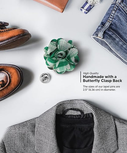 Vittorio Vico Unisex Metallic Silver Accent Plaid Flower Lapel Pin - Teal Green - Flower Lapel Pin - Vittorio Vico