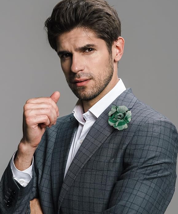 Vittorio Vico Unisex Metallic Silver Accent Plaid Flower Lapel Pin - Teal Green - Flower Lapel Pin - Vittorio Vico
