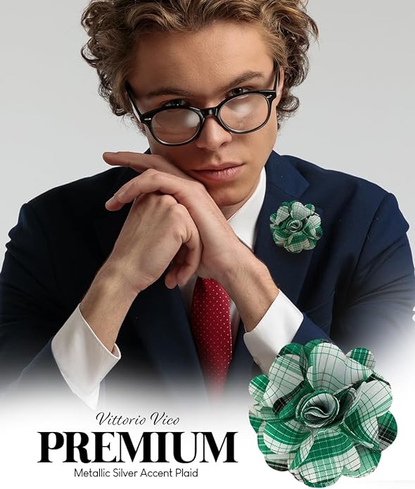 Vittorio Vico Unisex Metallic Silver Accent Plaid Flower Lapel Pin - Teal Green - Flower Lapel Pin - Vittorio Vico