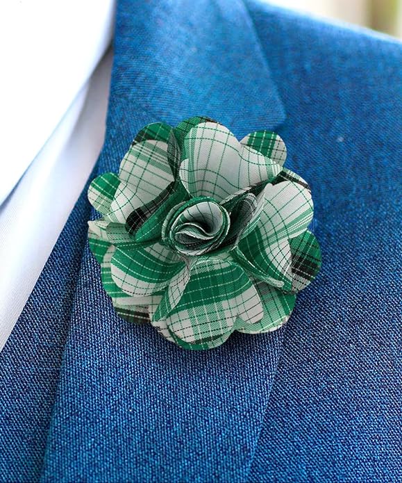 Vittorio Vico Unisex Metallic Silver Accent Plaid Flower Lapel Pin - Teal Green - Flower Lapel Pin - Vittorio Vico