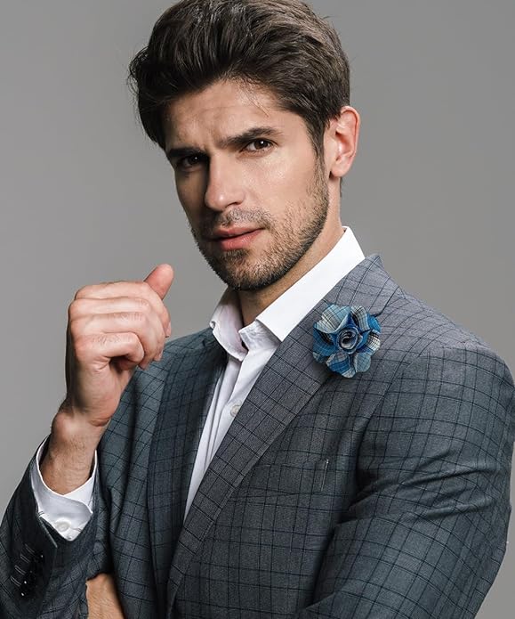 Vittorio Vico Unisex Metallic Silver Accent Plaid Flower Lapel Pin - Black - Flower Lapel Pin - Vittorio Vico