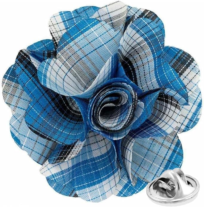 Vittorio Vico Unisex Metallic Silver Accent Plaid Flower Lapel Pin - Turquoise - Flower Lapel Pin - Vittorio Vico