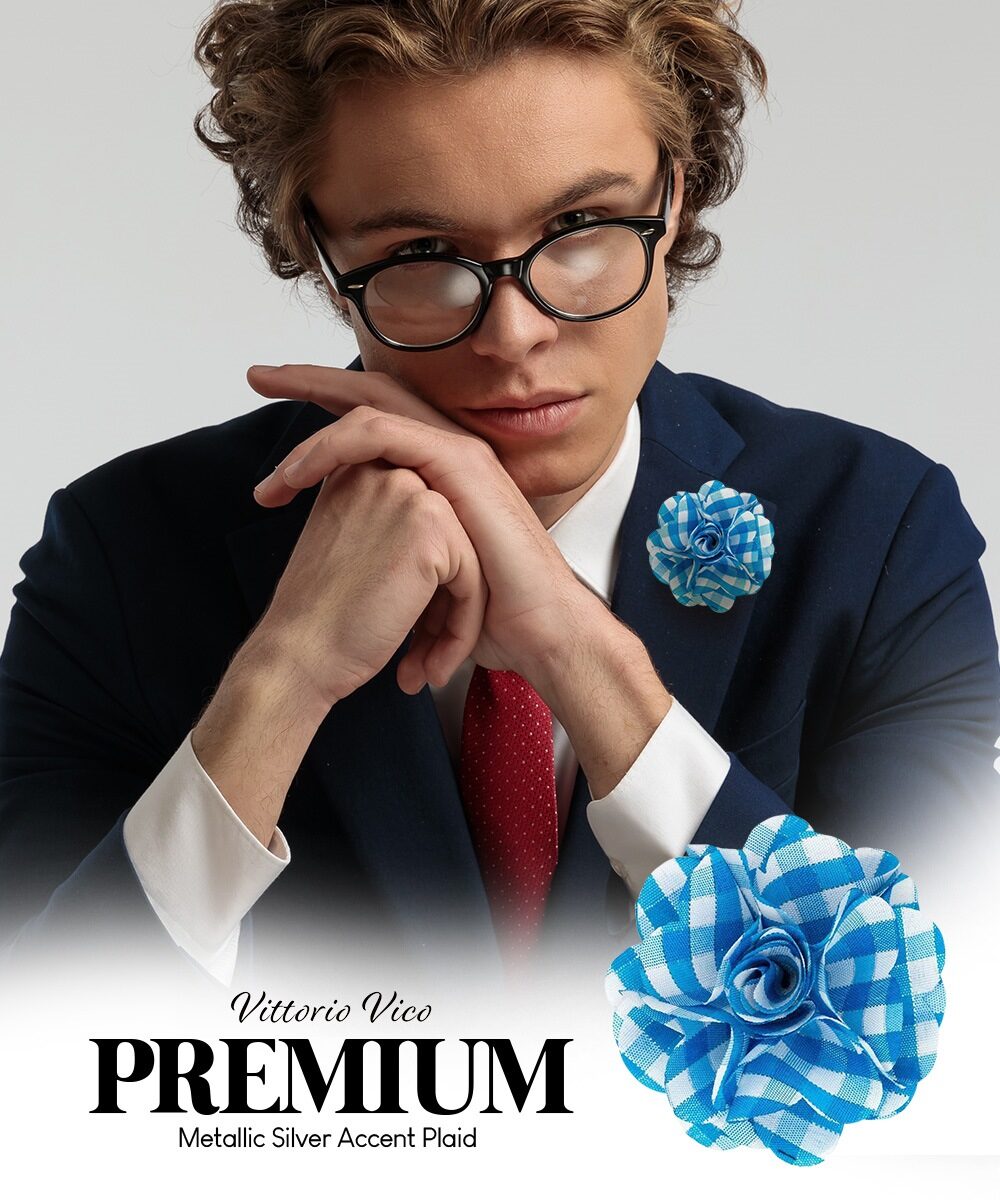 Vittorio Vico Unisex Metallic Silver Accent Plaid Flower Lapel Pin - Turquoise with Silver - Flower Lapel Pin - Vittorio Vico