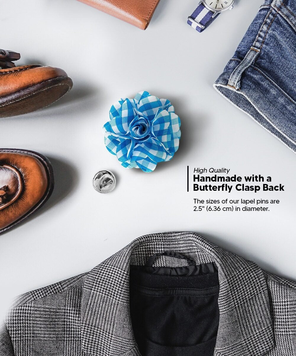 Vittorio Vico Unisex Metallic Silver Accent Plaid Flower Lapel Pin - Turquoise with Silver - Flower Lapel Pin - Vittorio Vico