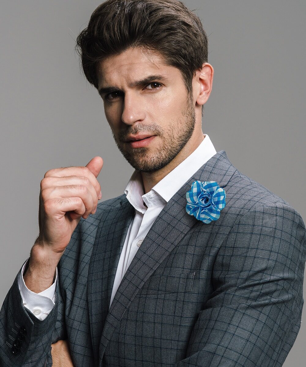 Vittorio Vico Unisex Metallic Silver Accent Plaid Flower Lapel Pin - Turquoise with Silver - Flower Lapel Pin - Vittorio Vico