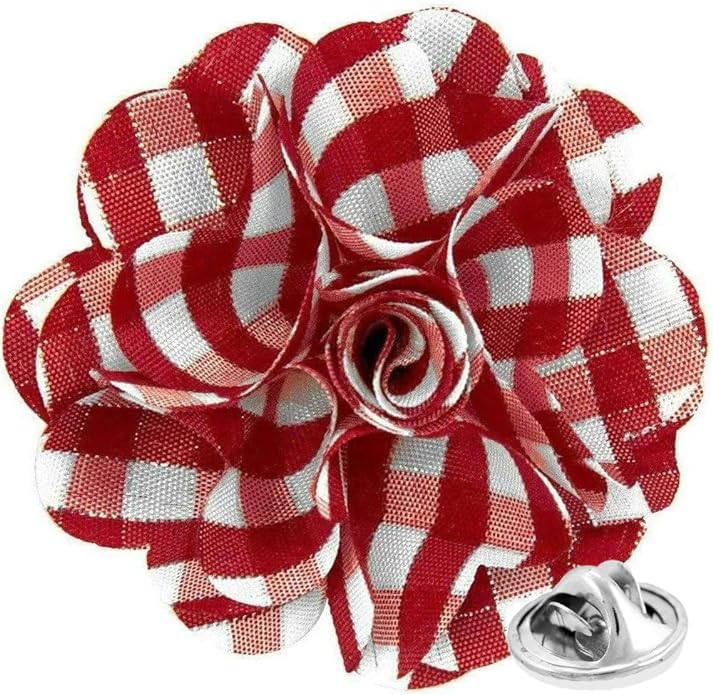 Vittorio Vico Unisex Metallic Silver Accent Plaid Flower Lapel Pin - Wine and White with Silver - Flower Lapel Pin - Vittorio Vico