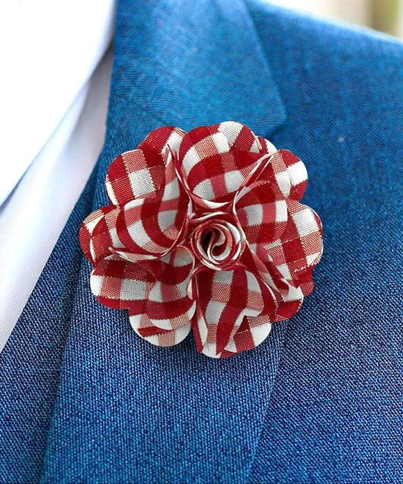 Vittorio Vico Unisex Metallic Silver Accent Plaid Flower Lapel Pin - Wine and White with Silver - Flower Lapel Pin - Vittorio Vico