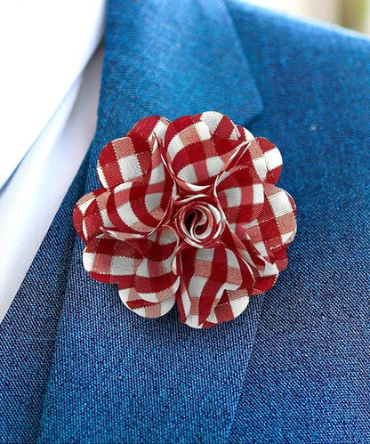 Vittorio Vico Unisex Metallic Silver Accent Plaid Flower Lapel Pin - Wine and White with Silver - Flower Lapel Pin - Vittorio Vico