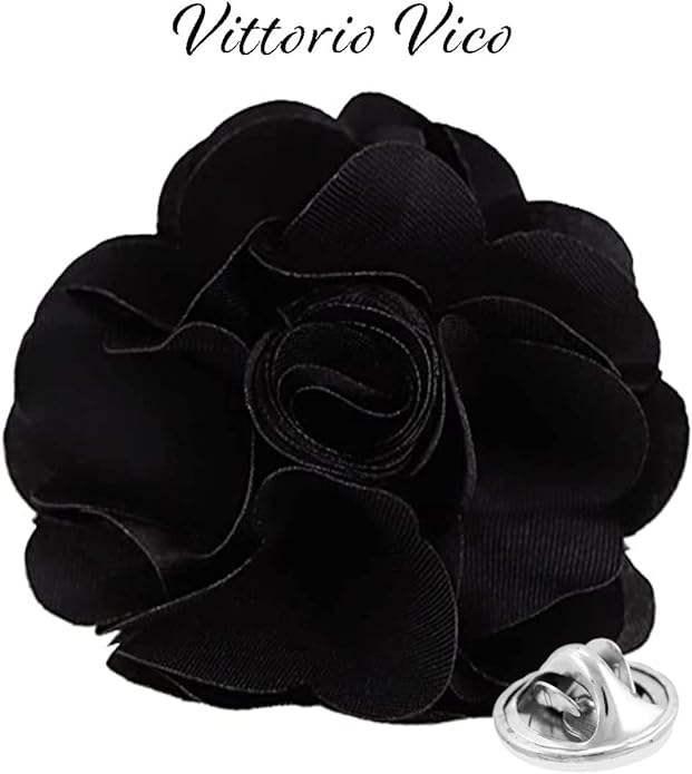Vittorio Vico Unisex Satin Solid Flower Lapel Pin - Black - Flower Lapel Pin - Vittorio Vico