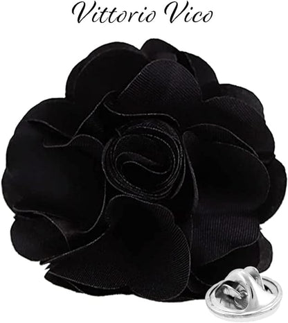 Vittorio Vico Unisex Satin Solid Flower Lapel Pin - Black - Flower Lapel Pin - Vittorio Vico