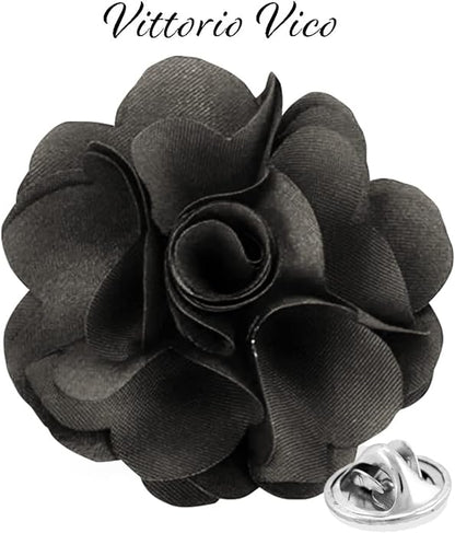 Vittorio Vico Unisex Satin Solid Flower Lapel Pin - Charcoal - Flower Lapel Pin - Vittorio Vico