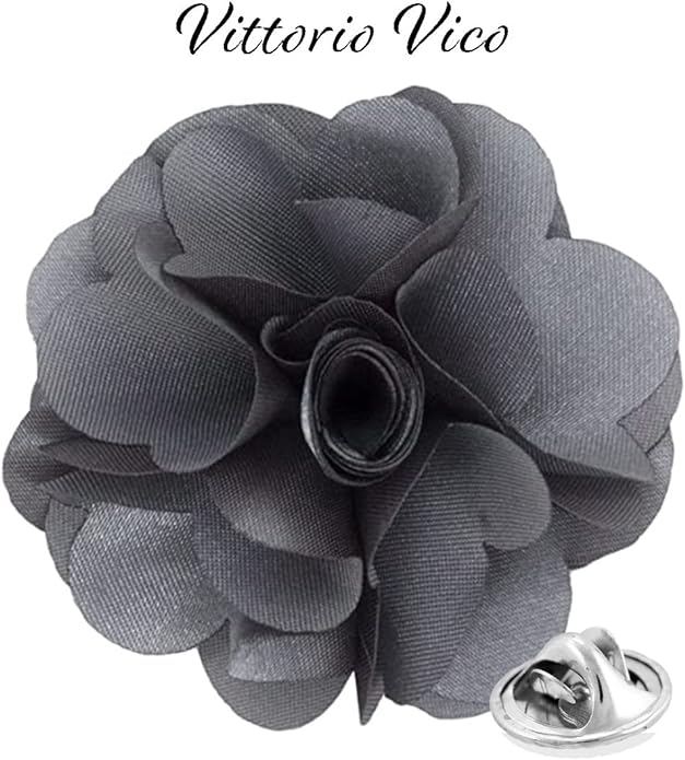 Vittorio Vico Unisex Satin Solid Flower Lapel Pin - Silver Gray - Flower Lapel Pin - Vittorio Vico