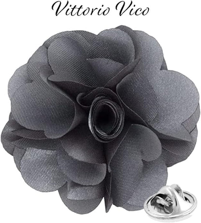 Vittorio Vico Unisex Satin Solid Flower Lapel Pin - Silver Gray - Flower Lapel Pin - Vittorio Vico